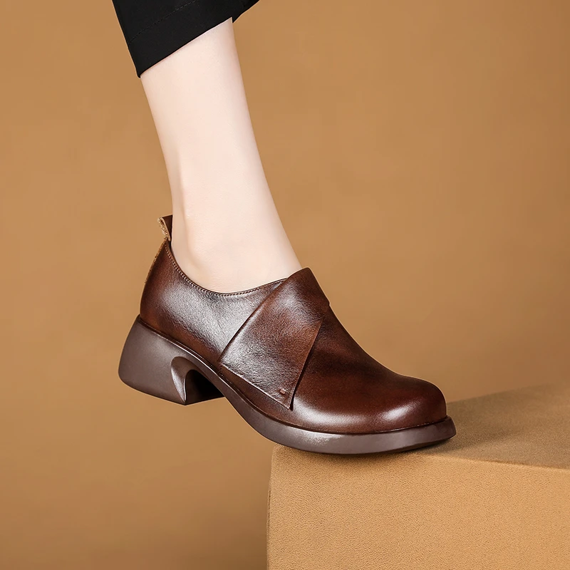 高定款复古牛皮粗跟单鞋舒适圆头厚底小皮鞋春秋中跟软底百搭女鞋