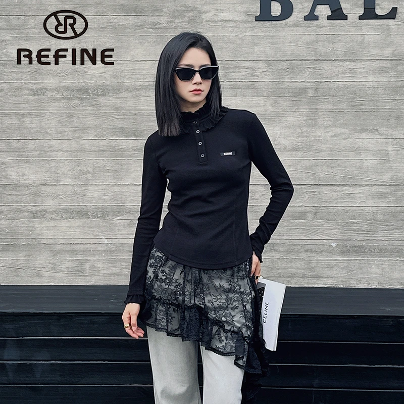 REFINE立范时尚半高领荷叶边小衫慵懒风套头洋气内搭修身上衣女