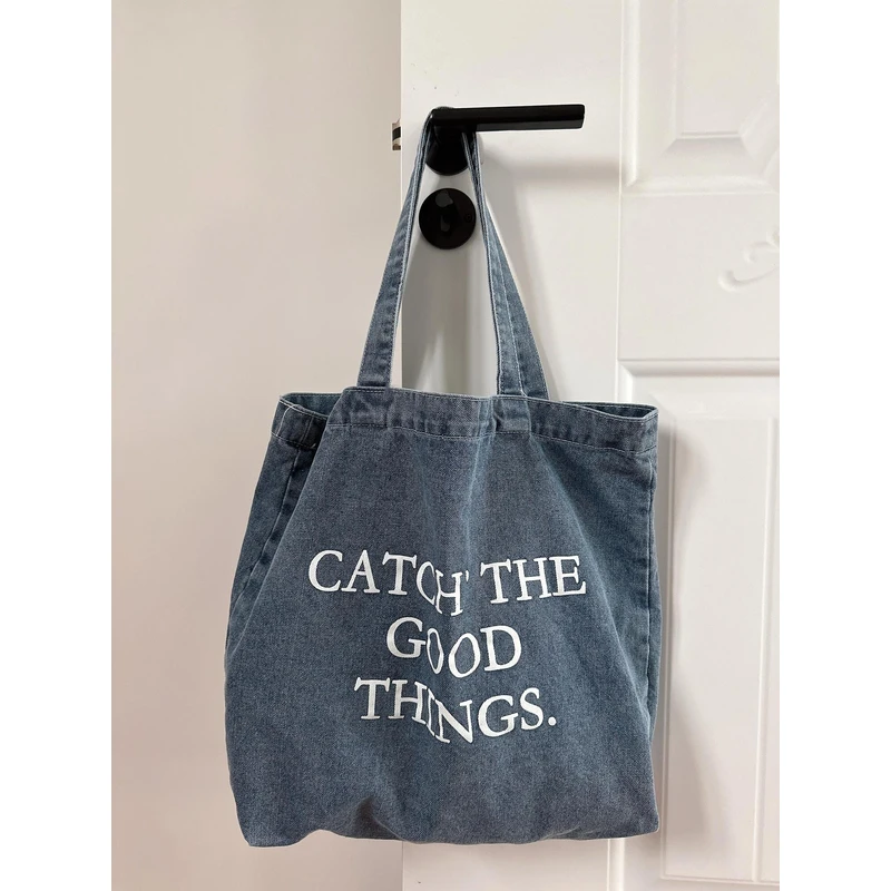 自制原创韩版文艺休闲牛仔袋女欧式逛街百搭手提大容量单肩帆布包