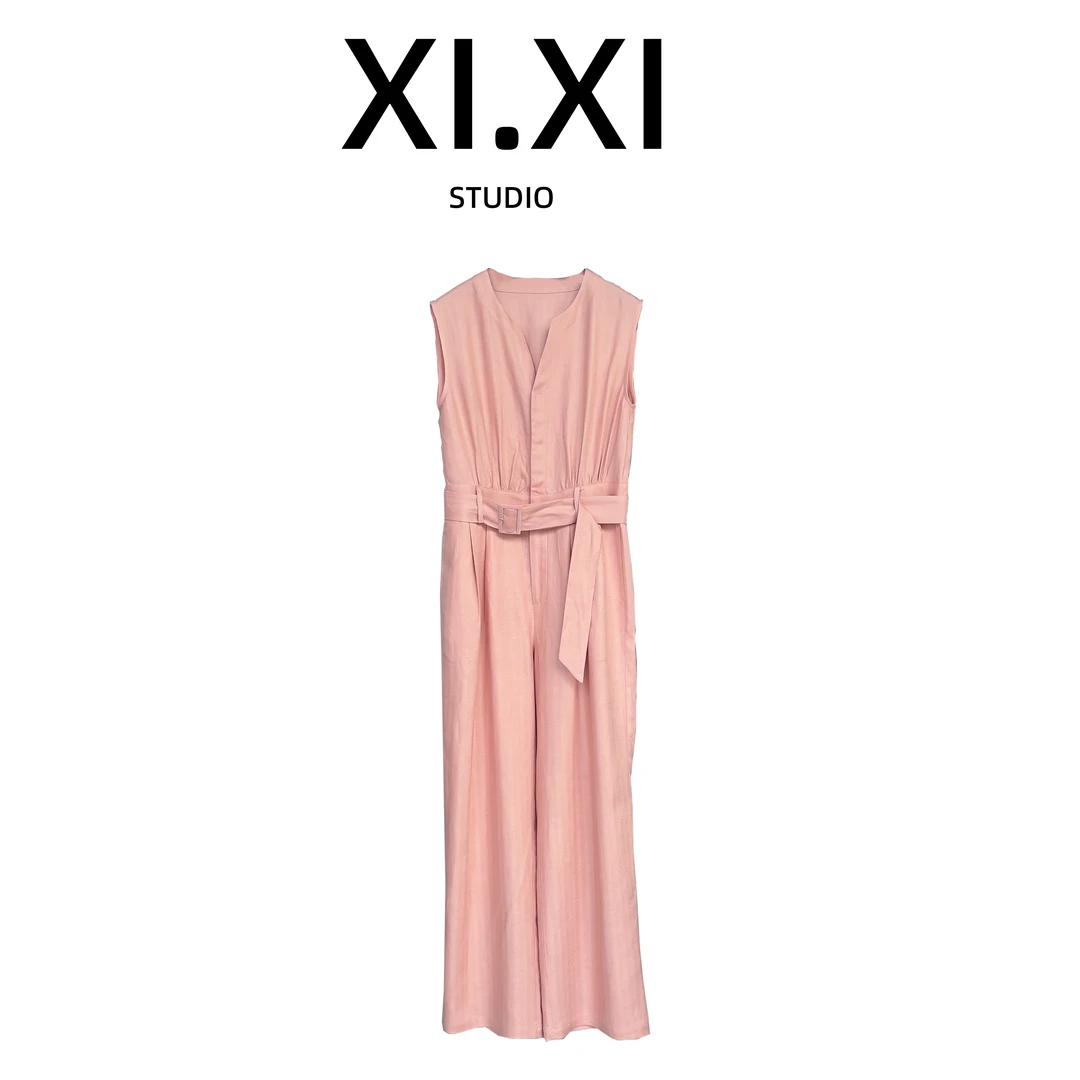 2025夏季新款无袖马甲背心阔腿连体裤高级设计感亚麻连体衣裤女