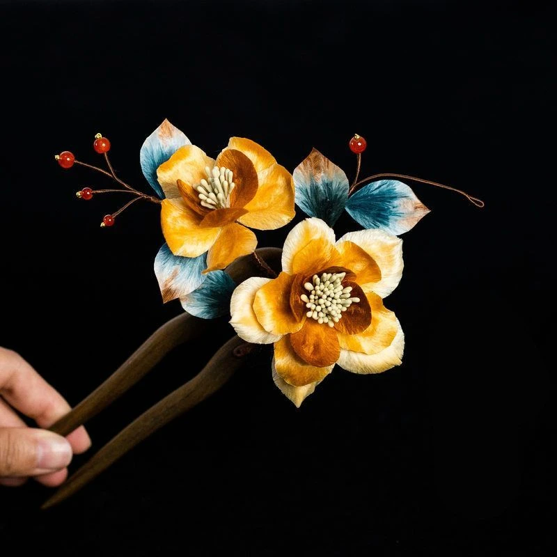 绒花发簪发钗日常挽发簪旗袍古风盘发发饰 温柔感百搭发簪枯黄