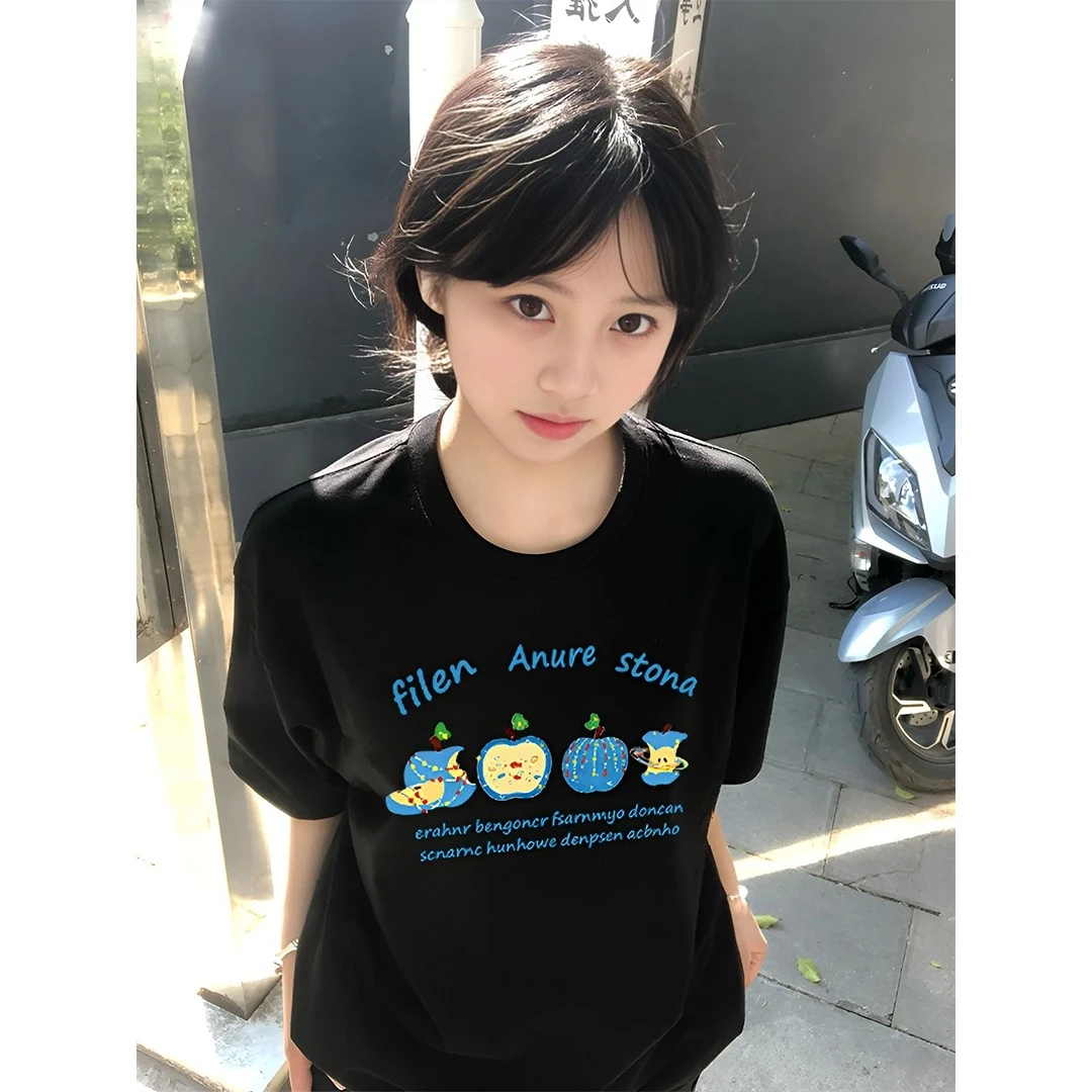 美式复古印花短袖t恤女夏季新款纯棉吸汗宽松慵懒风半袖上衣