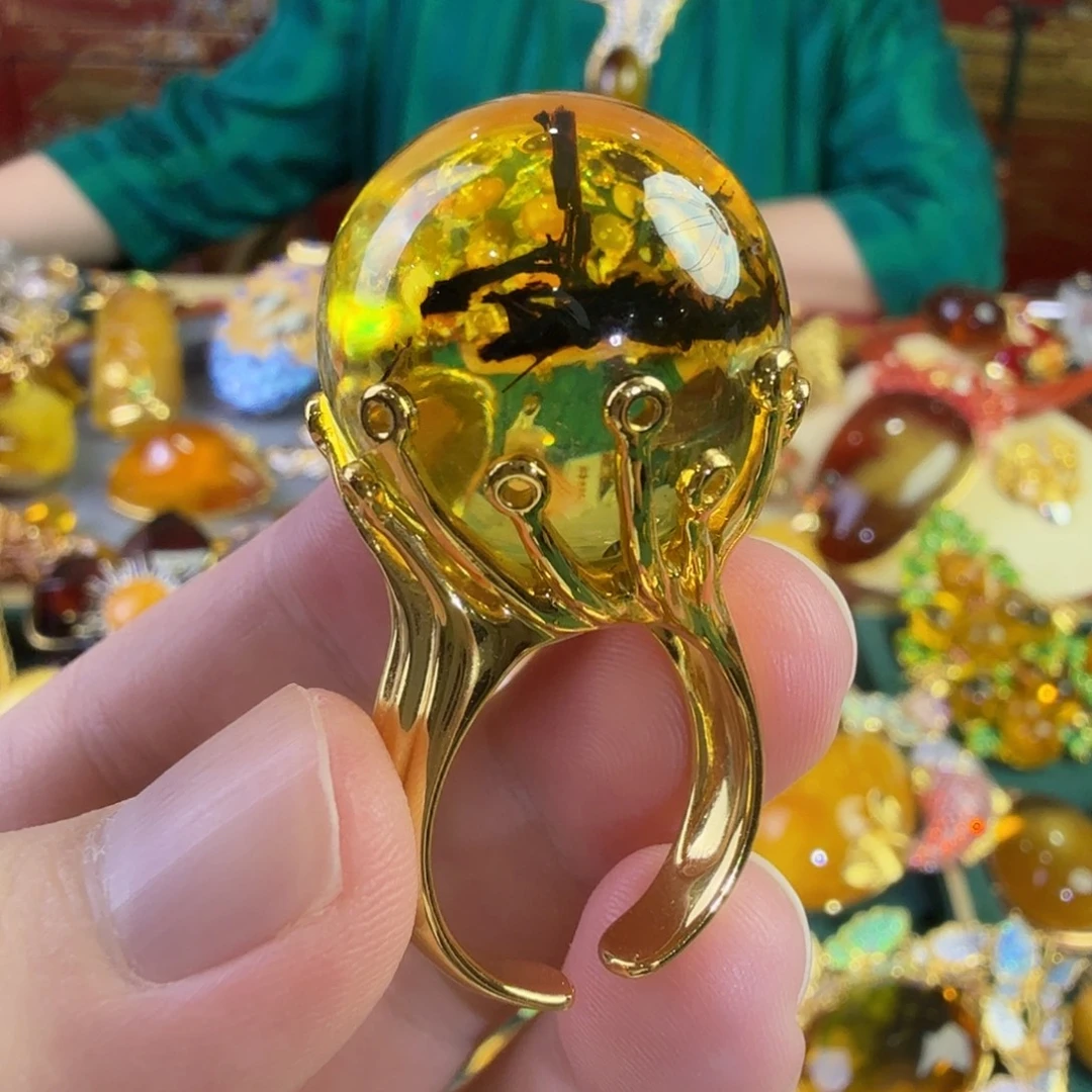 植物珀银S925镀金镶嵌戒指