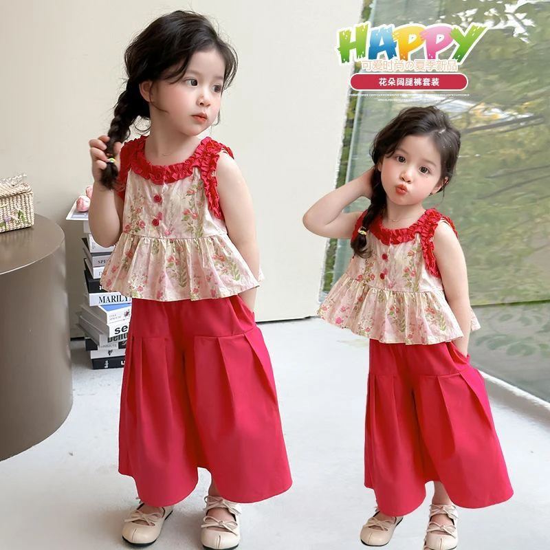 夏季新款女童无袖碎花背心花边甜美可爱中小童宝宝阔腿裤套装