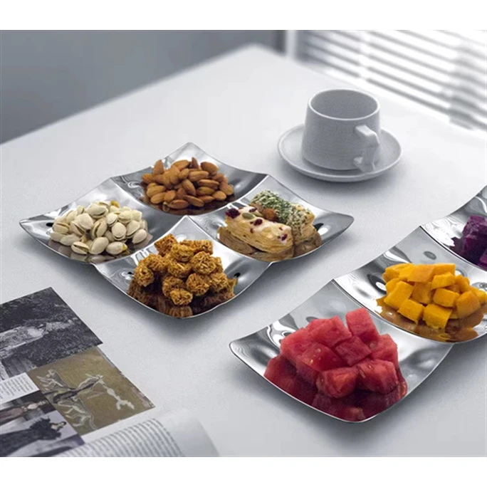 不锈钢四格零食碟 欧式餐桌水果盘创意轻奢小吃碟糖果分格托盘