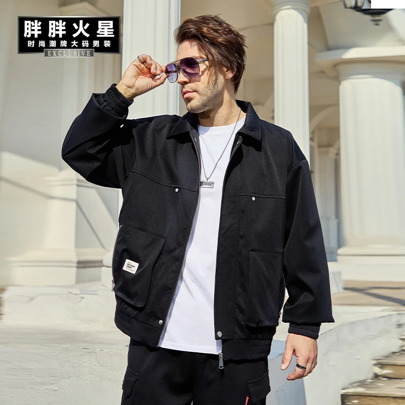 胖胖火星大码男装翻领简约轻奢夹克春季宽松休闲时尚通勤百搭外套