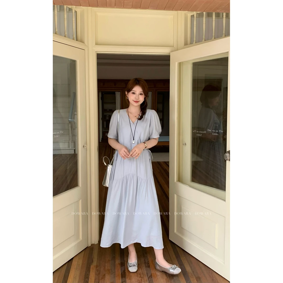 现货6720D大婉酱微胖定制欧若风短袖连衣裙夏季显瘦法式气质长裙