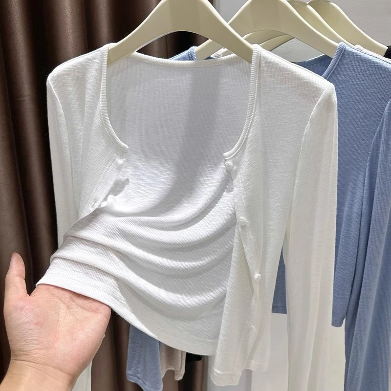 芊芊芙圆领针织防晒开衫女春夏新款白色披肩配吊带裙薄款空调外套