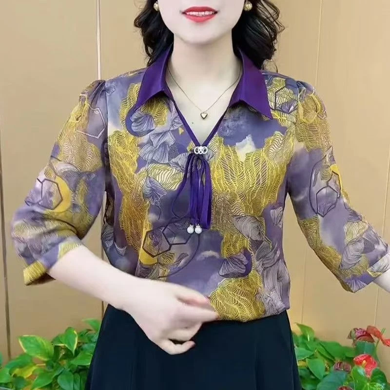 2025新款高档短袖T恤时尚洋气遮肉显瘦中年妈妈翻领上衣