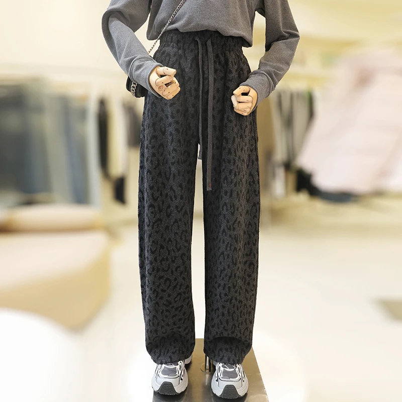 zaw大码女装豹纹加绒毛呢裤胖mm秋冬显瘦百搭休闲弯刀裤子25478