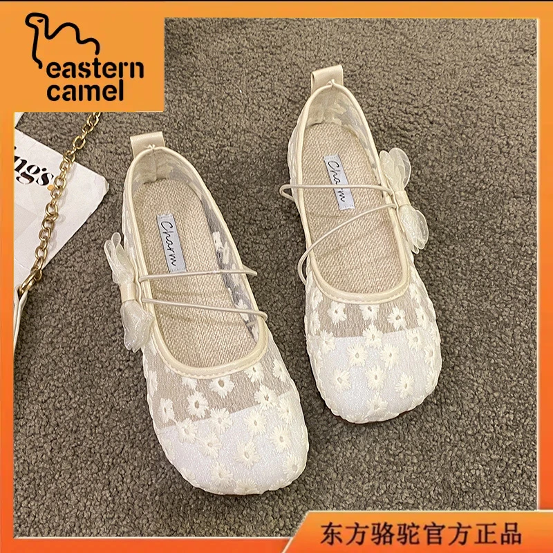 东方骆驼2025夏季女鞋新款时尚蕾丝平底低帮鞋女士懒人一脚蹬单鞋