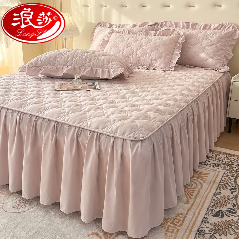 浪莎A类水洗磨毛床裙罩单件夹棉花边床罩床单防尘套遮丑四季通用3