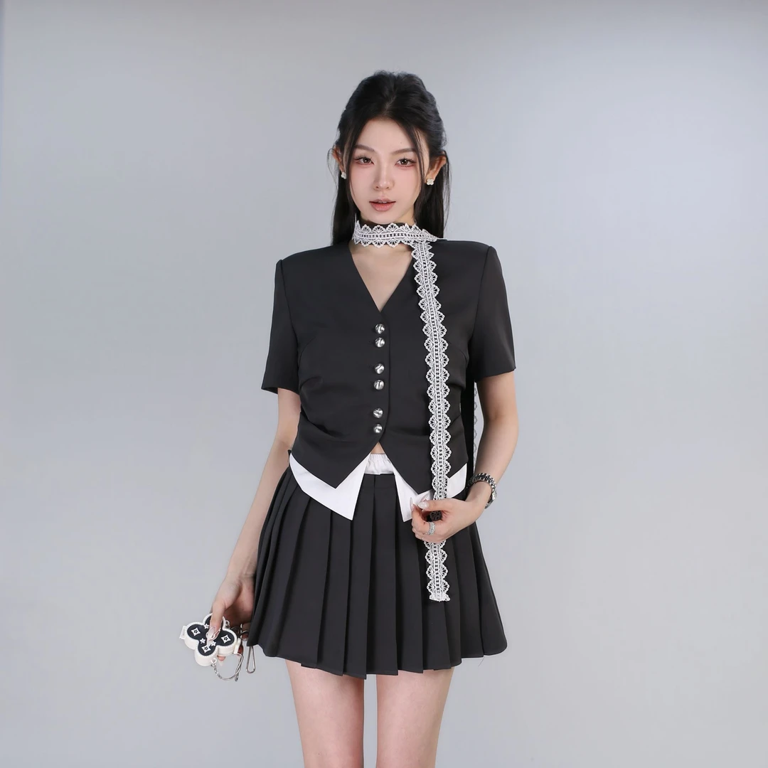【夏装上新】夏季轻熟都市V领单排扣西装料飘带气质显瘦女套装