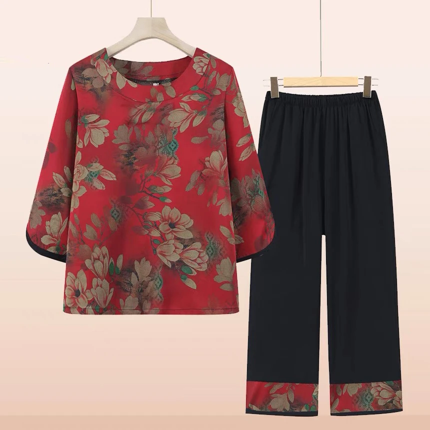 冰丝妈妈中老年人中袖T恤上衣服夏季奶奶套装七分袖+九分裤两件套