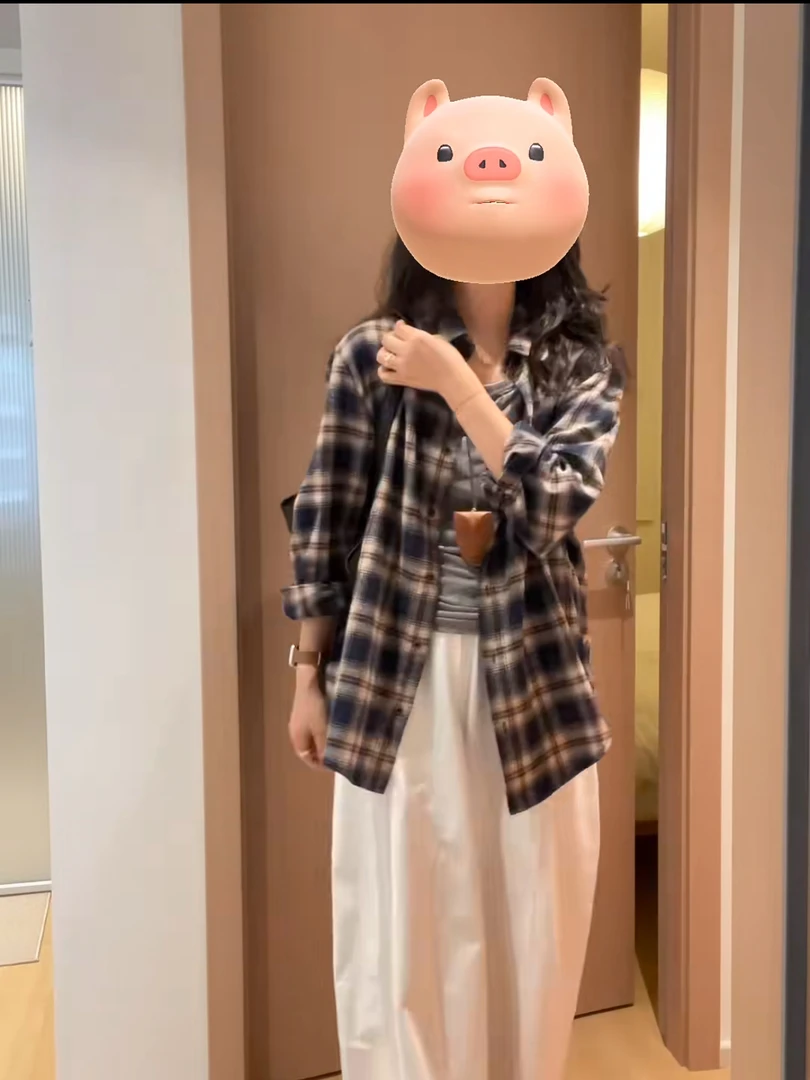 入秋穿搭一整套女装慵懒风宽松格子衬衫高腰显瘦休闲裤时尚两件套