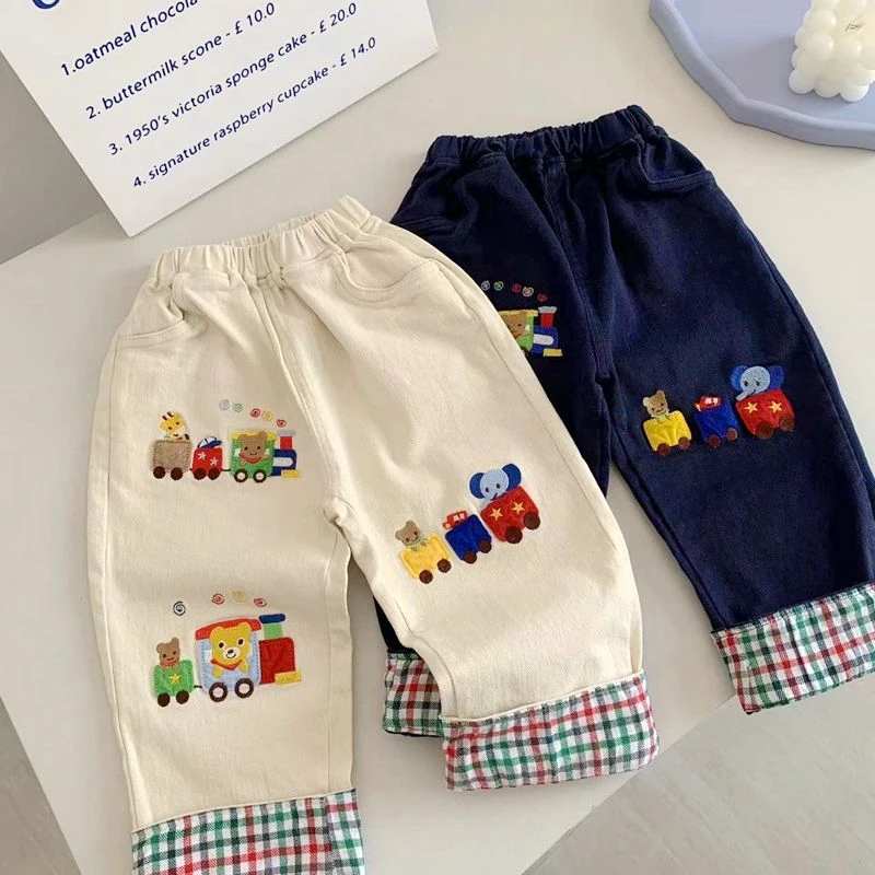 2025日系春秋新款男童小火车刺绣卷边休闲梭织裤百搭休闲洋气长裤