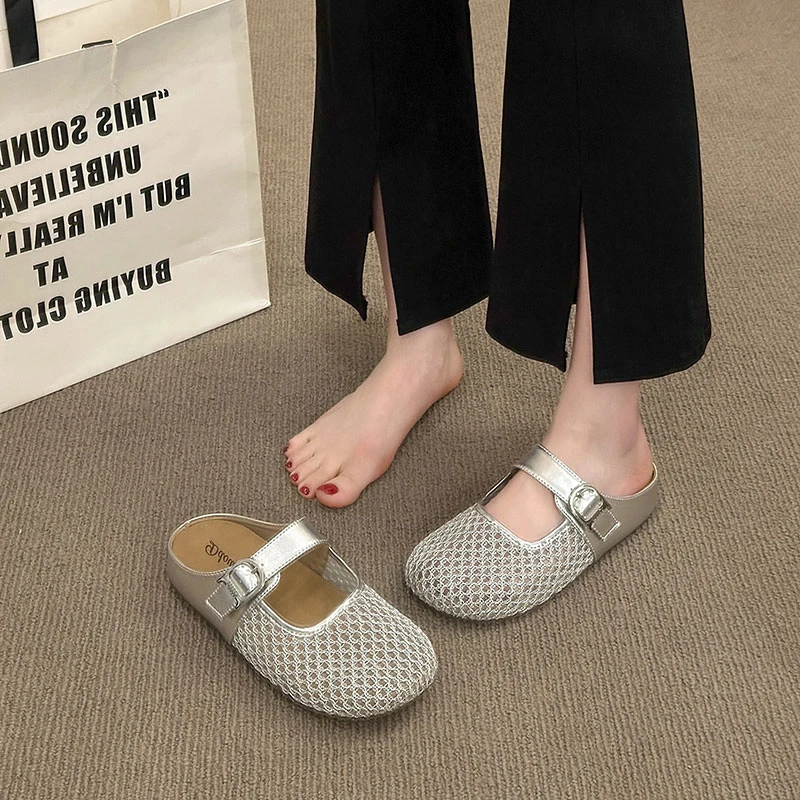 时尚网面内增高包头半拖鞋女夏季新款洋气平底镂空透气凉拖鞋子