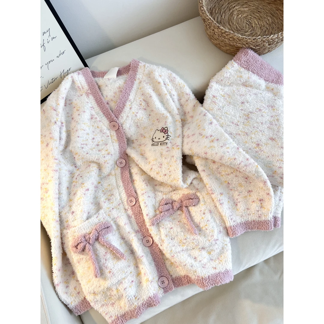 可爱kitty针织半边绒睡衣女秋冬季新款加厚保暖家居服套装可外穿
