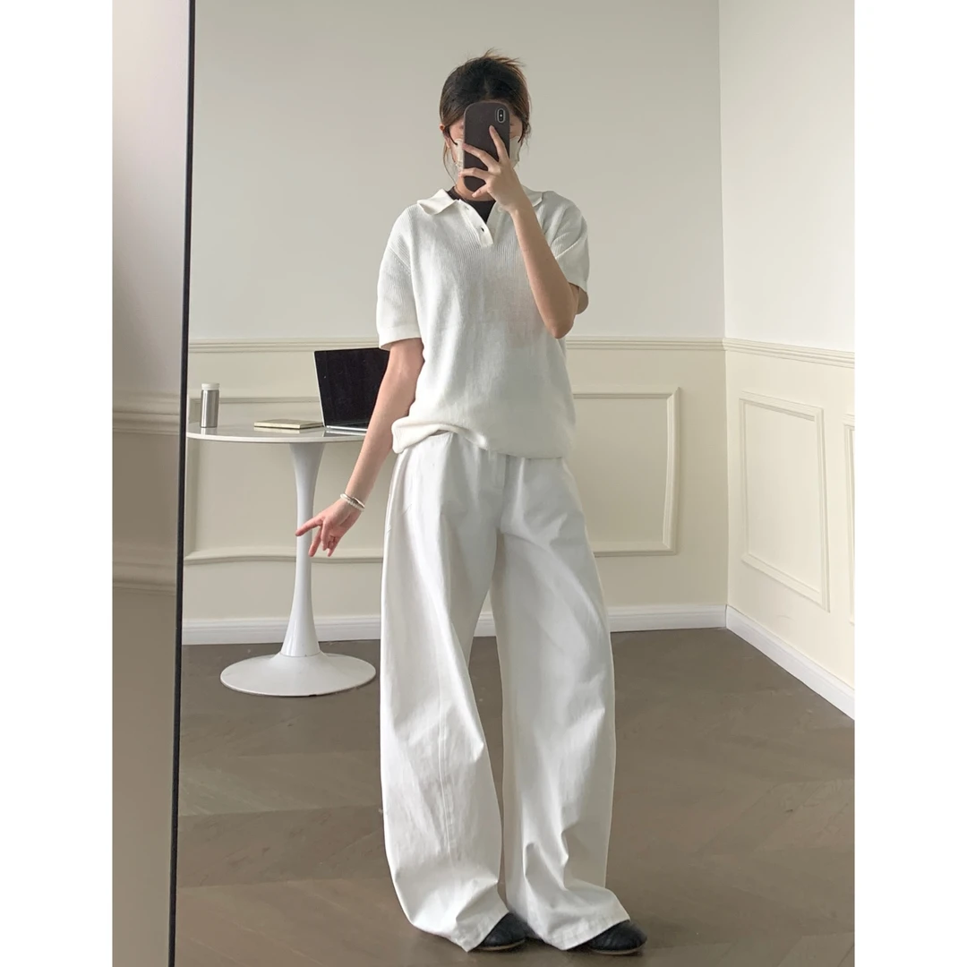 HAZI 骨白水洗宽松微阔立体剪裁拼接工装裤休闲长裤