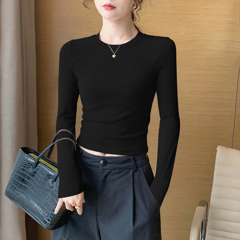 长袖t恤女2025春秋新款修身显瘦短款内搭打底衫高腰露肚脐上衣潮