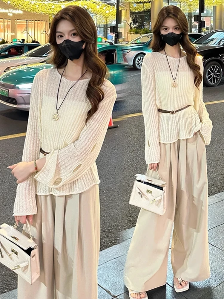 时尚套装女2025早秋新款洋气显瘦针织衫上衣阔腿裤休闲减龄两件套