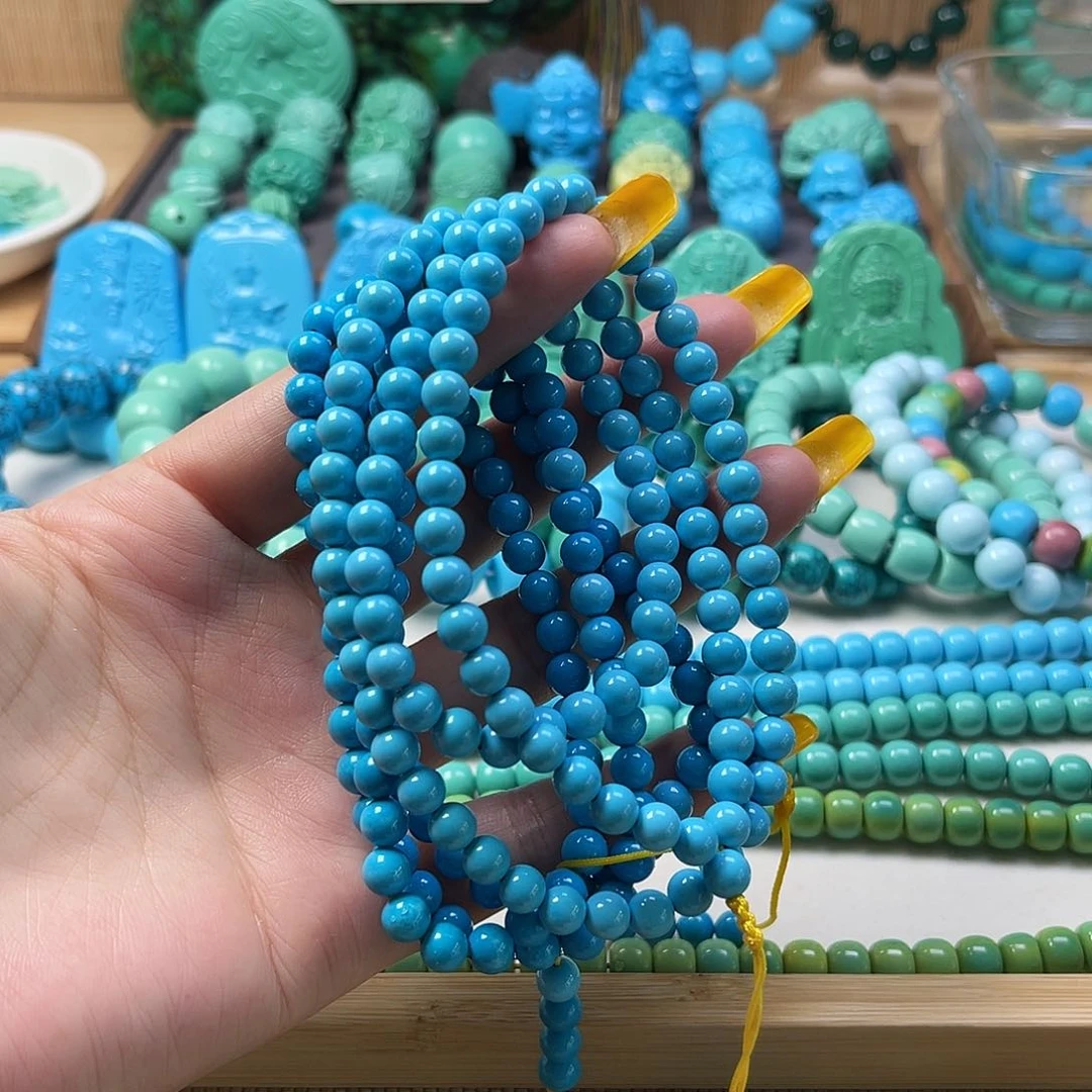 湖北工厂批发精选绿色松原石打磨手串雕刻特色DIY配饰