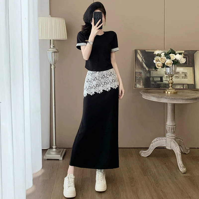 法式高端休闲时尚套裙女夏装轻熟风黑色短袖T恤蕾丝半身裙两件套