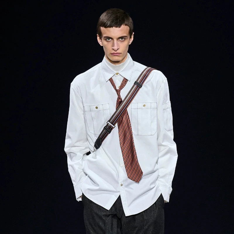 2025新款巴黎风设计师款扎线双口袋翻领长袖衬衫潮男个性时髦衬衣
