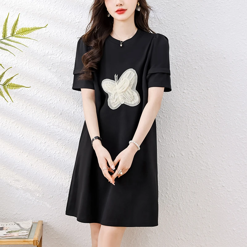 1312 蝴蝶款夏季新款泡泡袖设计感连衣裙气质减龄黑色宽松型