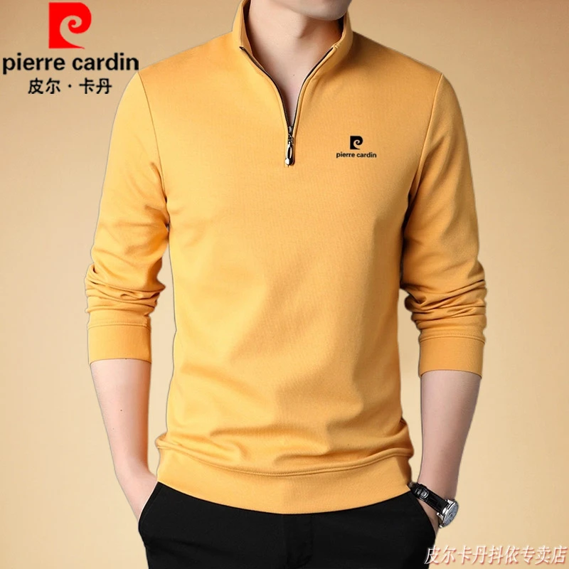 皮尔卡丹高档长袖T恤男士中年春秋款纯色立领宽松休闲百搭打底衫