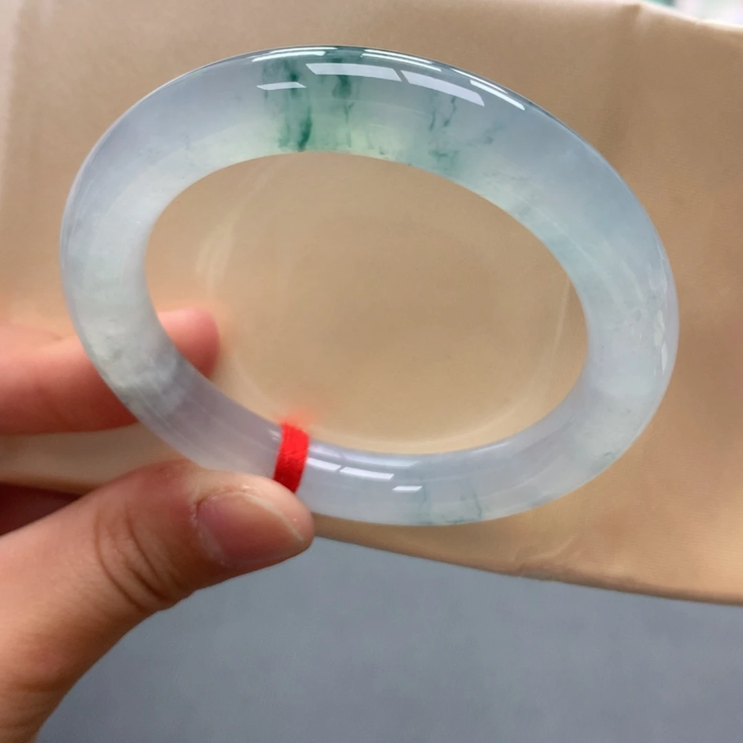 翡翠未镶嵌手镯35号50胖圆高冰飘花国风山水（小六同料）纹裂捡漏