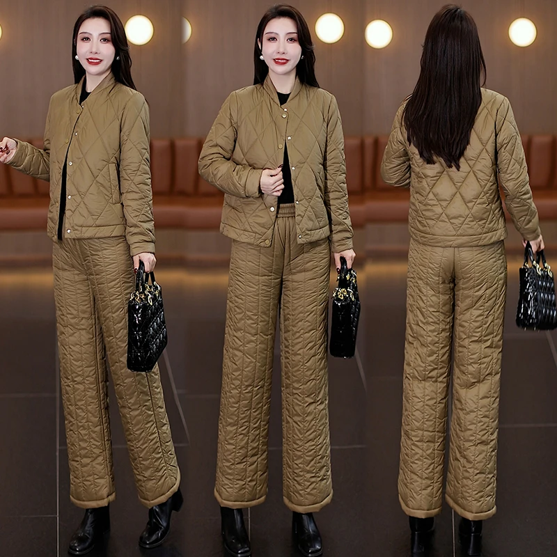 时尚休闲棉衣套装女冬季新款洋气减龄纯色加棉外套直筒裤两件套