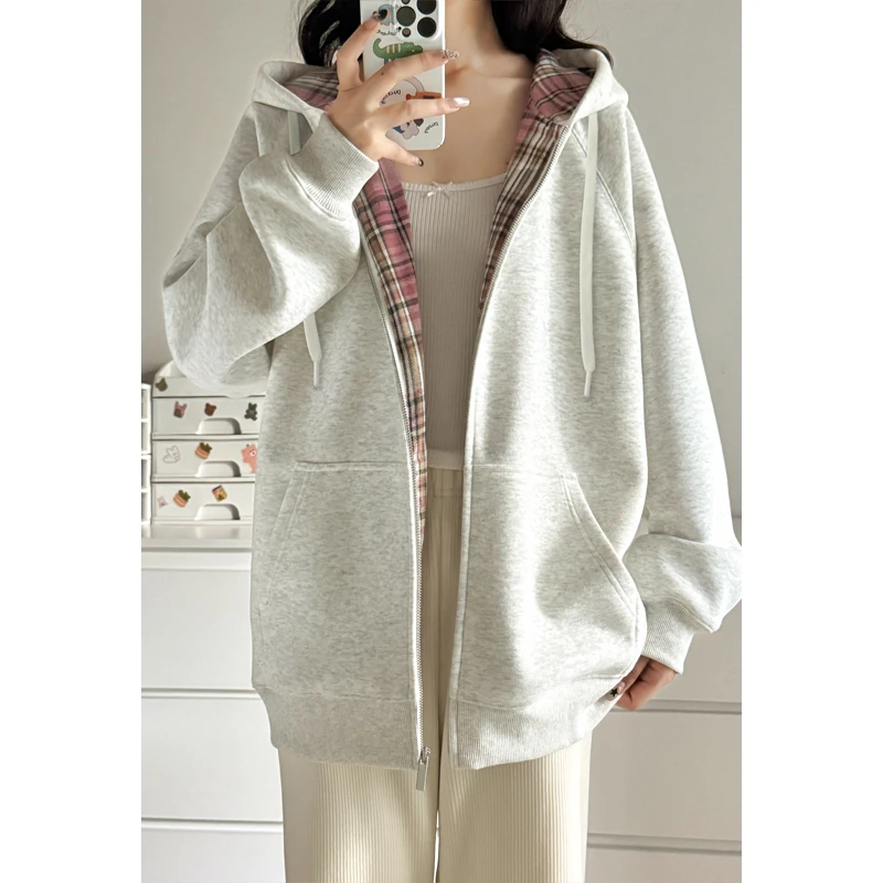 美式复古撞色格纹连帽卫衣男春秋oversize薄款外套宽松慵懒风开衫