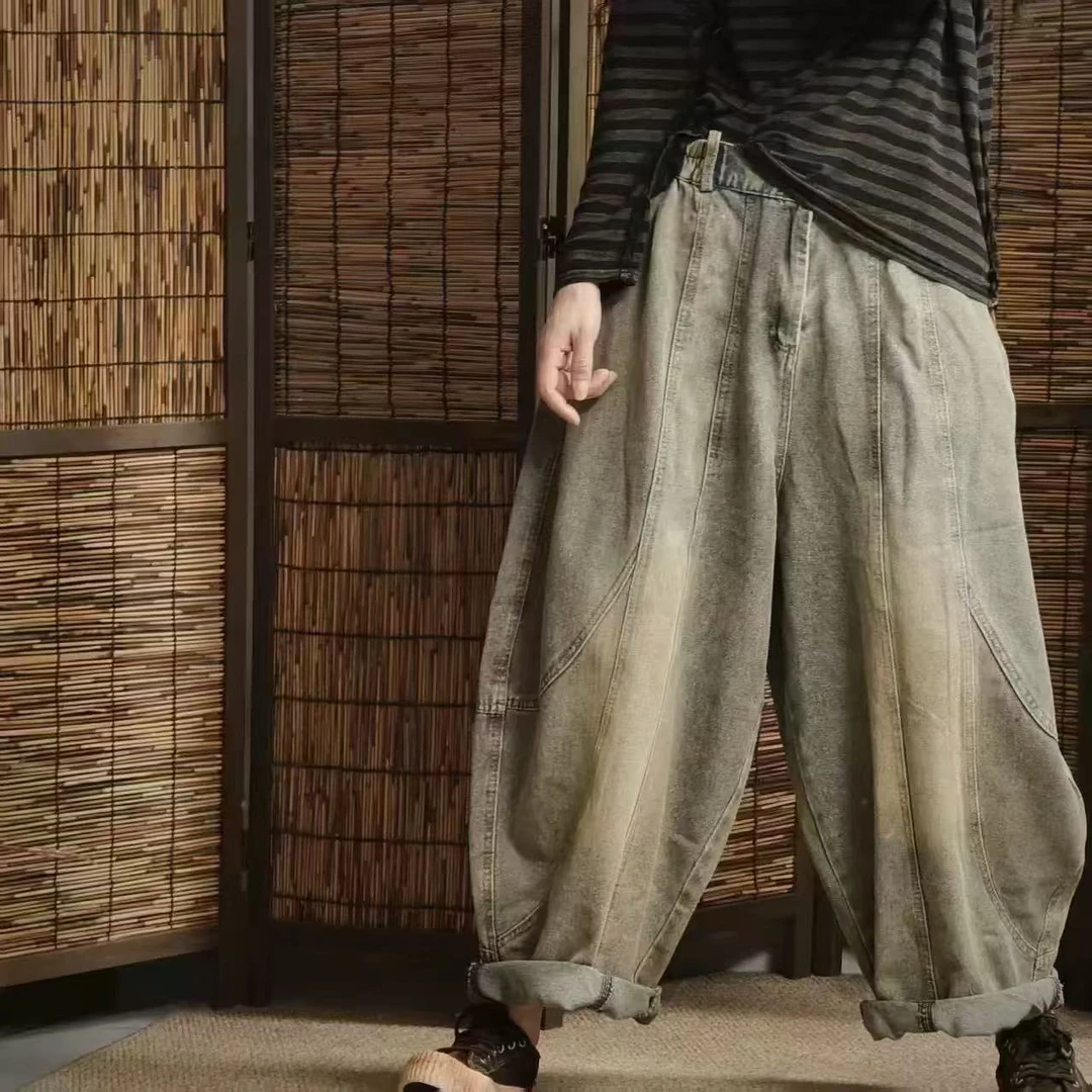 夏季新款做旧休闲简约复古拼接牛仔裤（90-150斤）