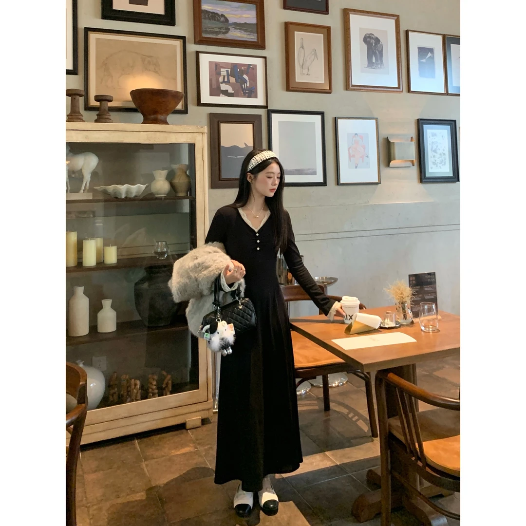 切糕自制【月光契约】小个子女秋季新款气质蕾丝拼接磨毛针织连衣裙