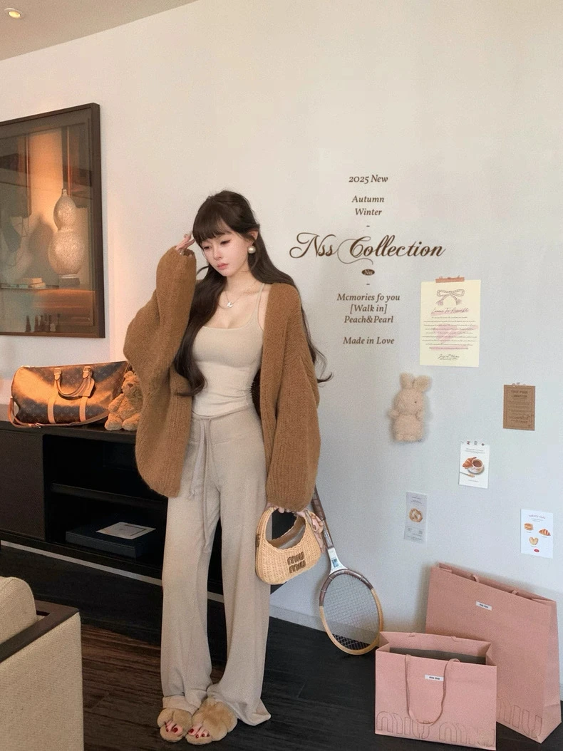 慵懒风松弛感针织开衫外套内搭吊带背心女2025秋季新款显瘦休闲裤