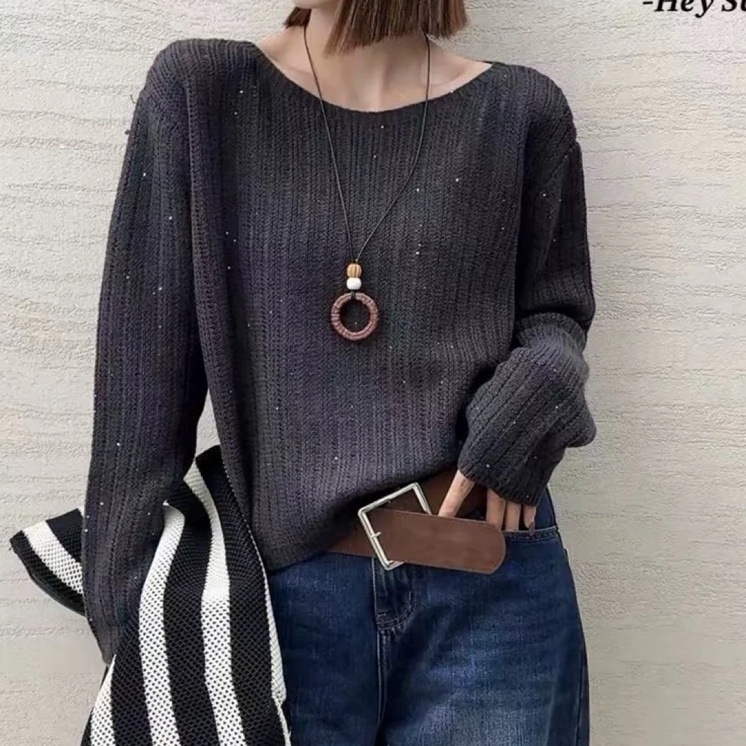 休闲设计感简约圆领长袖针织衫女2025秋季百搭显瘦毛衣打底衫