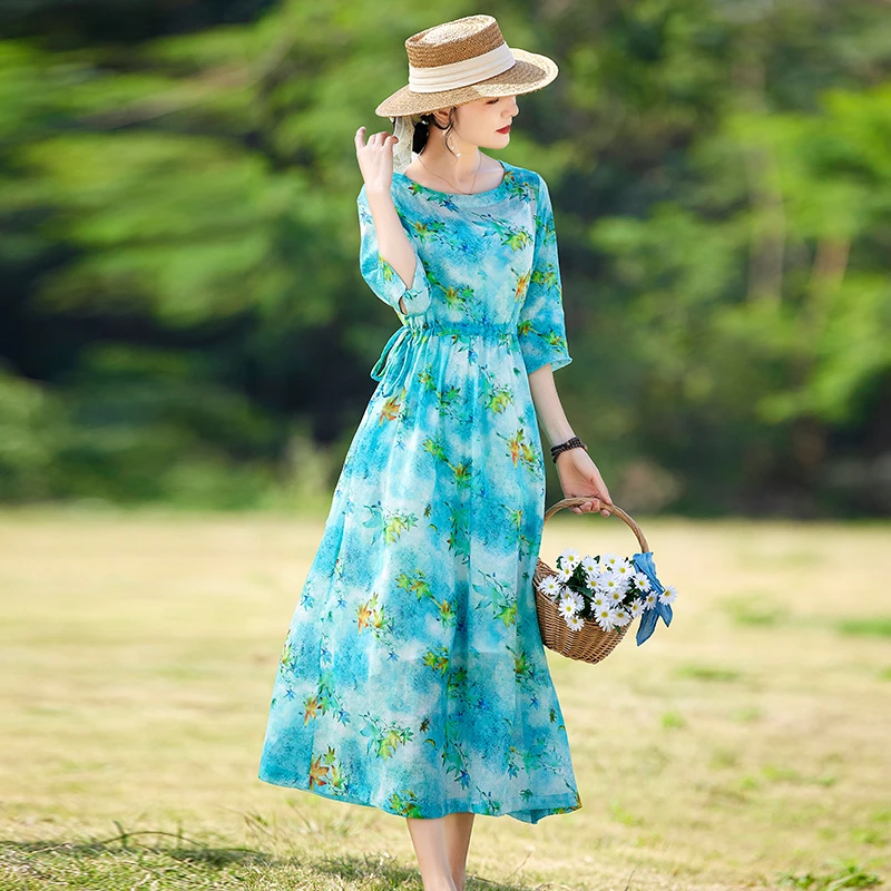 高端苎麻碎花连衣裙2025新款女春夏装洋气减龄棉麻法式长裙子