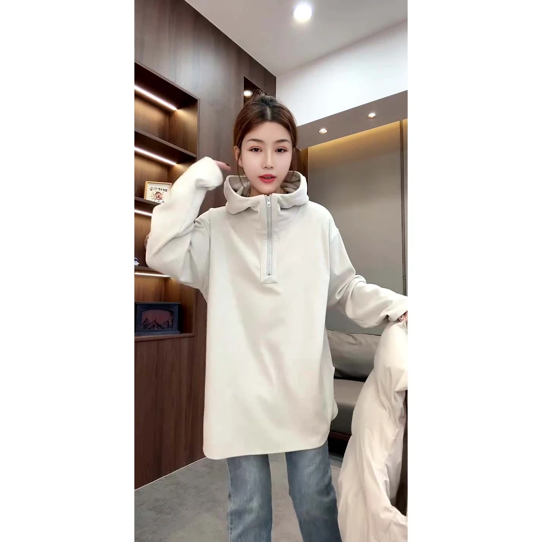 韩版时尚洋气宽松显瘦侧开叉半拉链连帽长袖卫衣