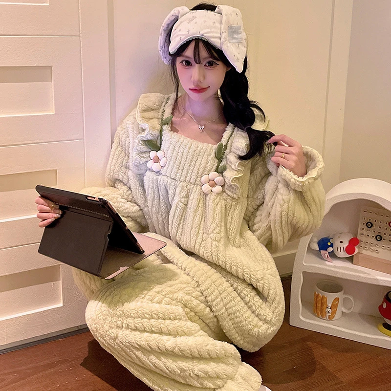 法式宫廷风珊瑚绒睡衣女冬季套头长袖法兰绒甜美保暖家居服套装