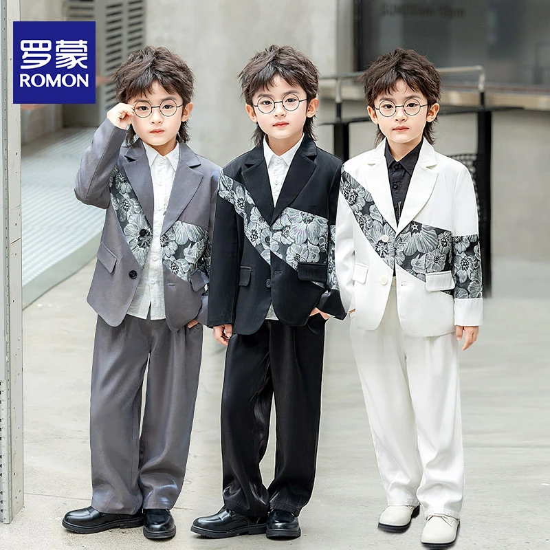 演出服马甲西服春秋男孩秋季休闲民族风碎花民族纯色套装