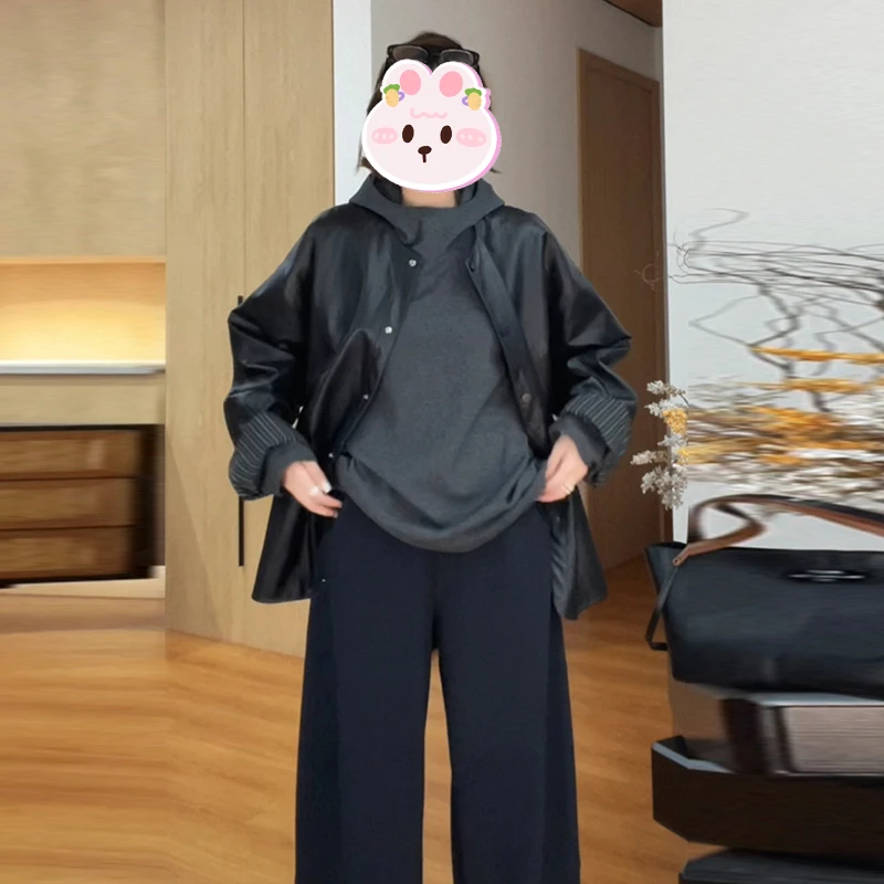 设计感竖纹撞色内里时尚圆领皮衣女2025秋季新款休闲简约通勤上衣