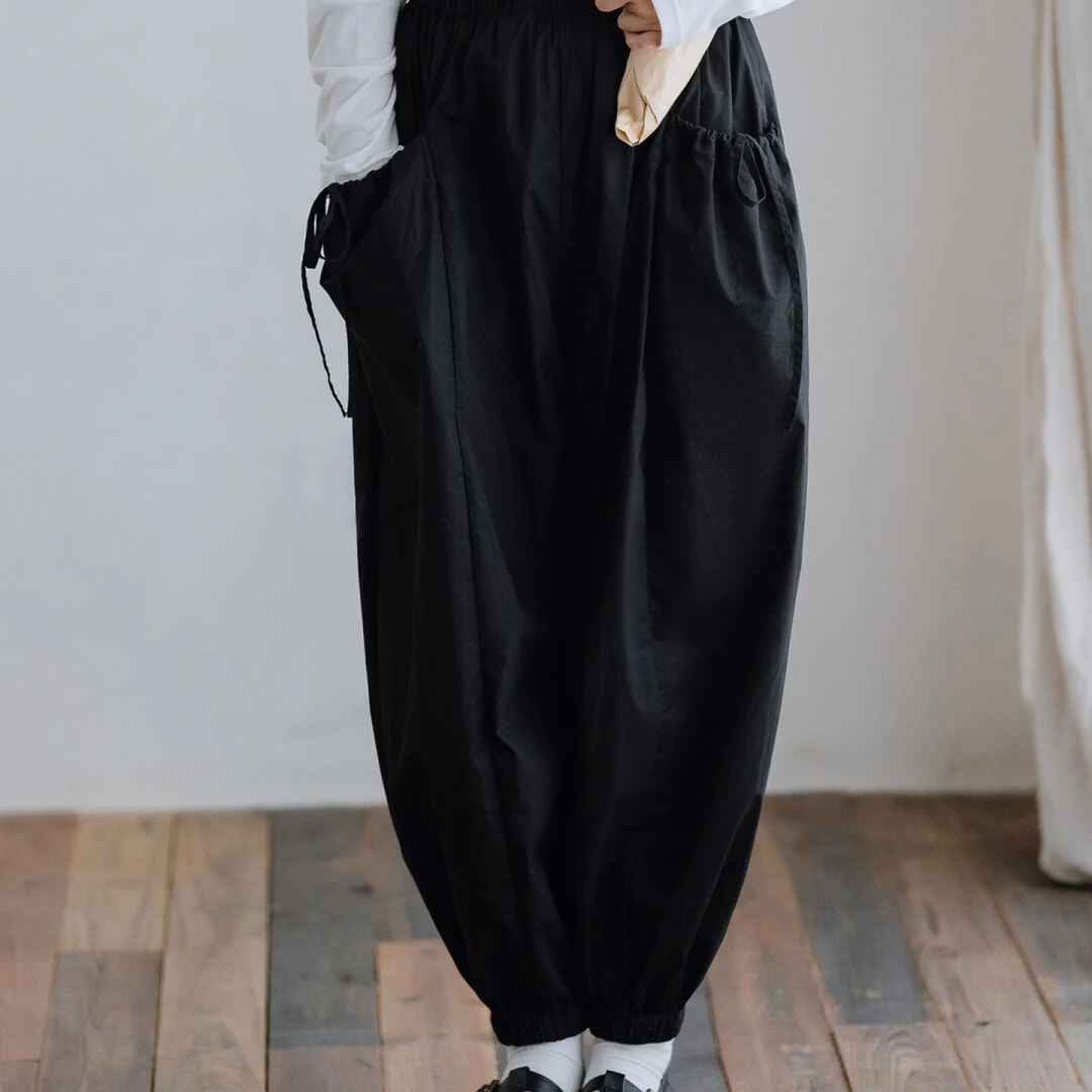 古苔黑色灯笼裤宽松显瘦松弛感100棉松紧腰萝卜裤子