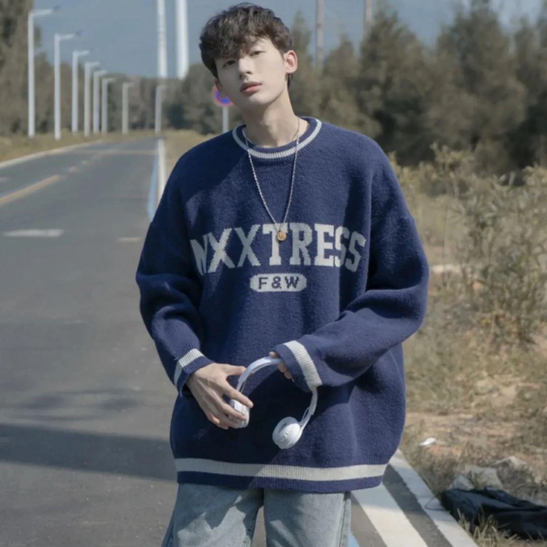 秋冬季重磅提花设计感圆领毛衣男女宽松休闲针织上衣-604