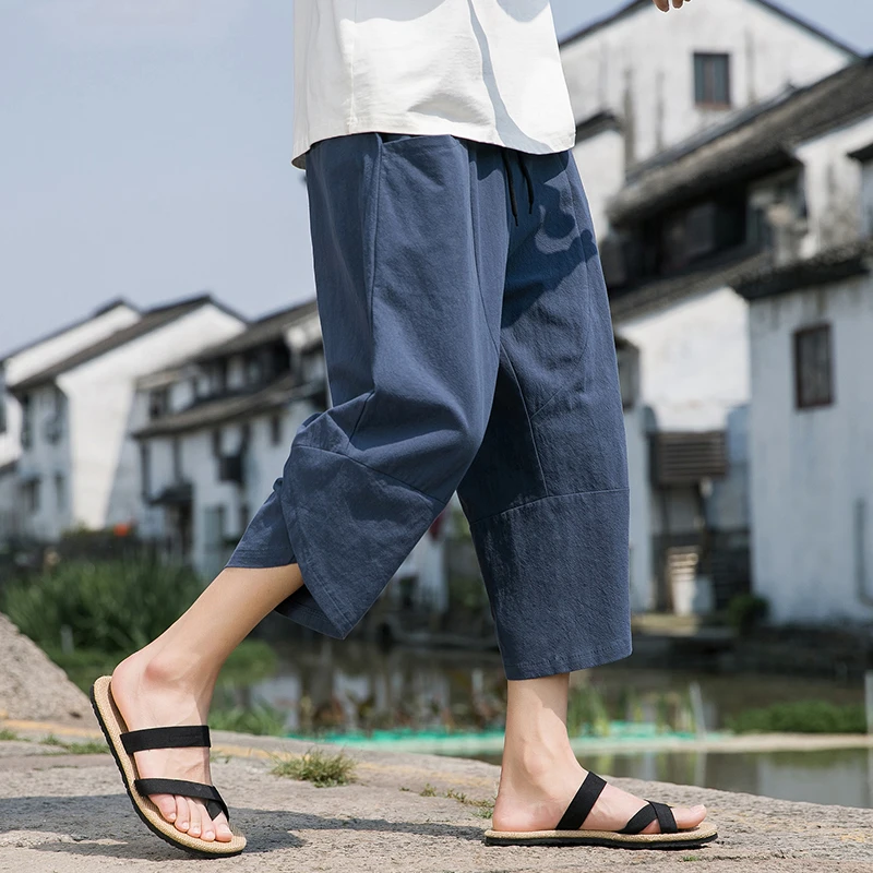 中国风亚麻七分裤男夏季薄款休闲大码新中式男装棉麻透气哈伦裤潮