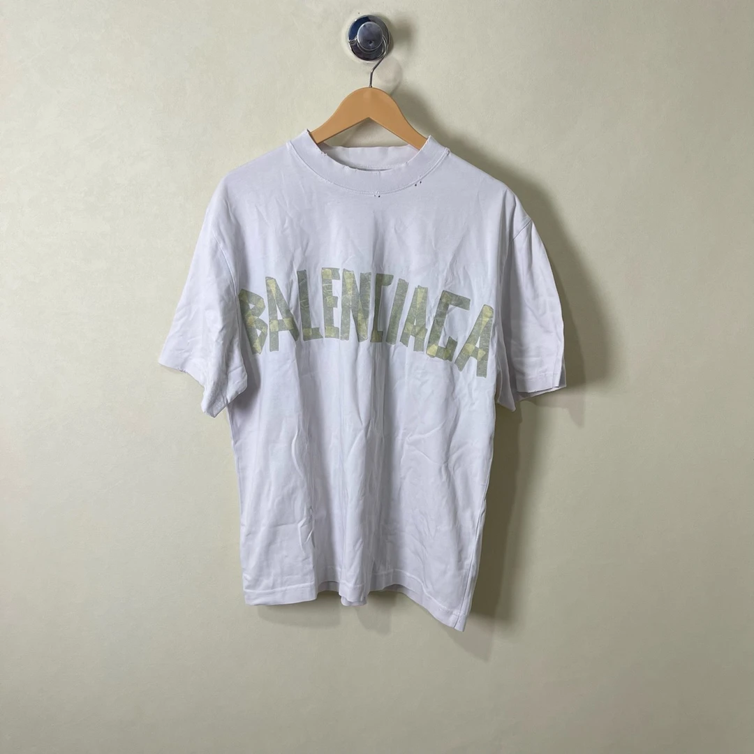 99新 Balenciaga/巴黎世家 SS24新款米白色胶带LOGO短袖 M码