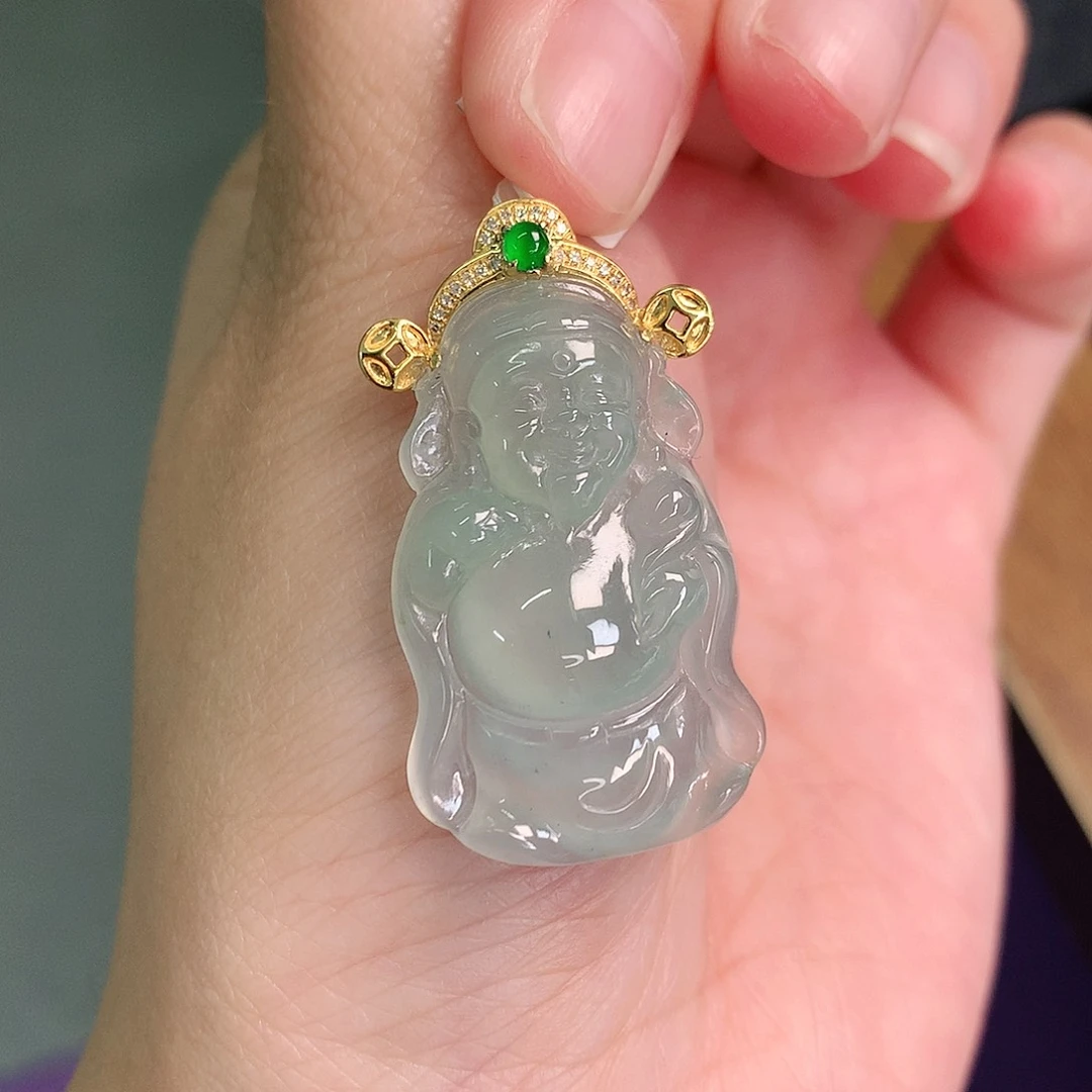 翡翠18K金镶嵌颈饰冰晴财神30.5、19、5.5