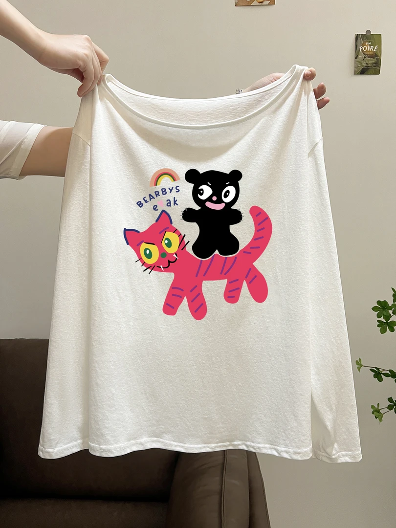 耐磨长袖INS风百搭宽松白色纯棉时尚休闲显瘦夏季长款印花圆领T恤