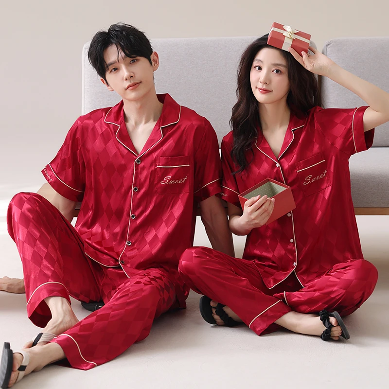 睡衣结婚新婚情侣套装红色夏款冰丝短袖长裤夏天本命年男女士套装