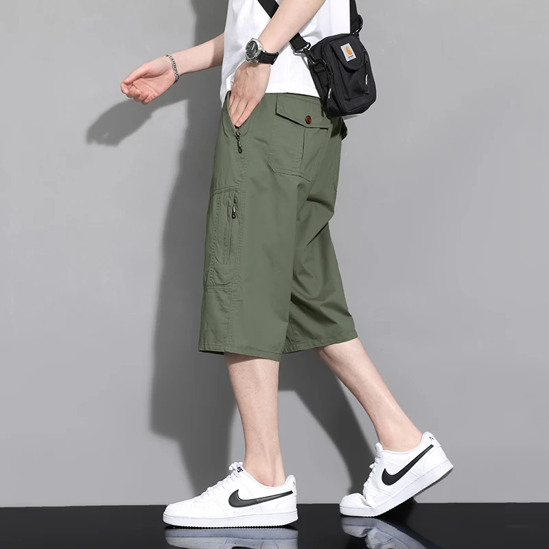 （口袋带拉链）夏季纯棉男士七分裤户外休闲裤耐磨宽松直筒多口袋工